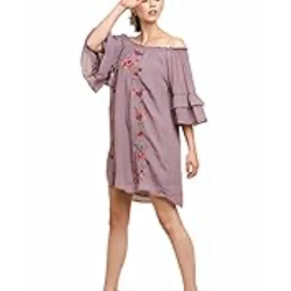 🛑 1 hour sale. Umgee, floral embroidered dusty plum, bohemian dress, large - Picture 2 of 9